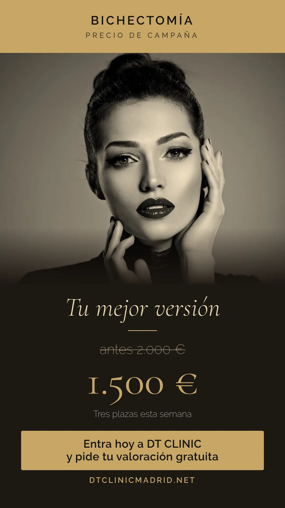 Anuncio de bichectomía en Madrid: 1.500 euros, antes 2.000 euros, en DT Clinic