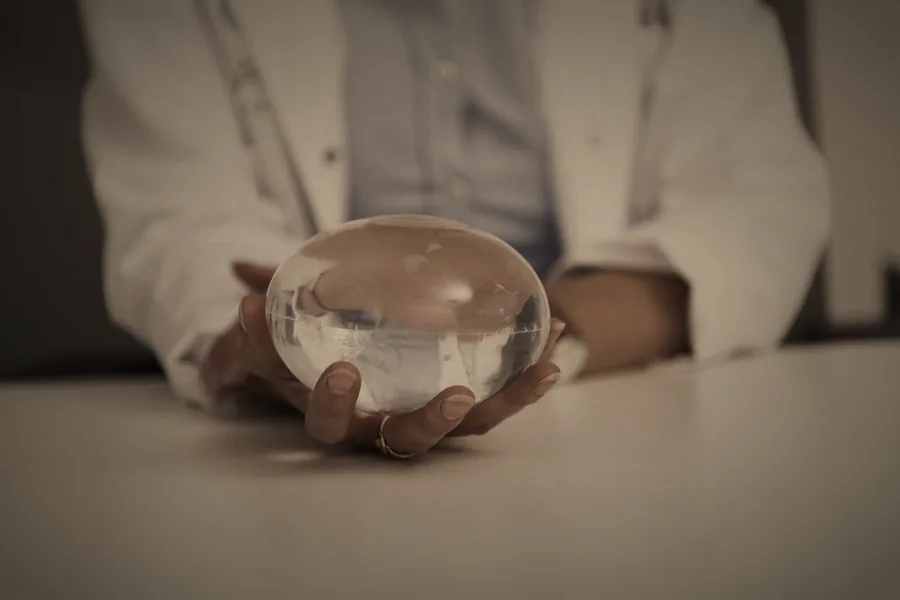 Cirujano sosteniendo una prótesis mamaria de gel de silicona