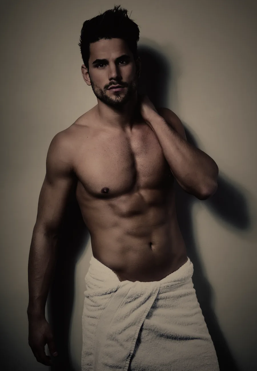 Hombre de perfil con mandíbula definida y abdomen marcado, cirugía estética masculina en Madrid