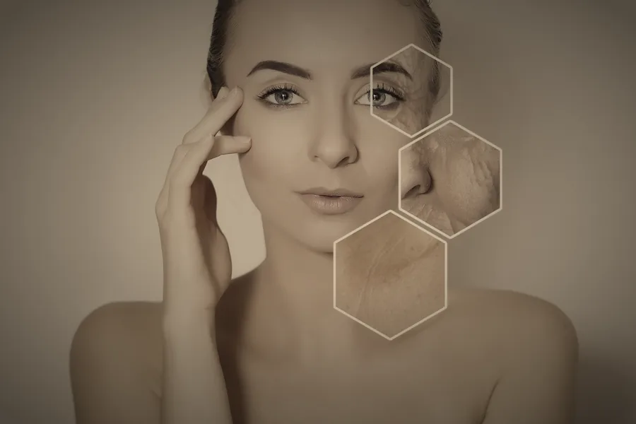 Rostro de mujer con piel luminosa y gráficos de regeneración cutánea